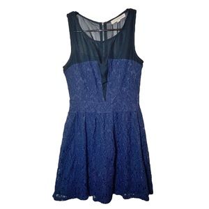 Blue Lace Dress with Black Mesh V Neckline